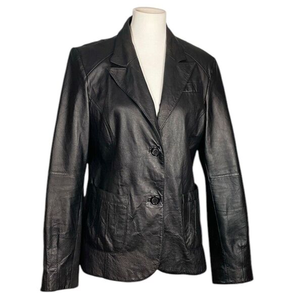 Vintage Leather Black Structured Jacket 2-Button blazer, Women's sz 14. 90's y2k